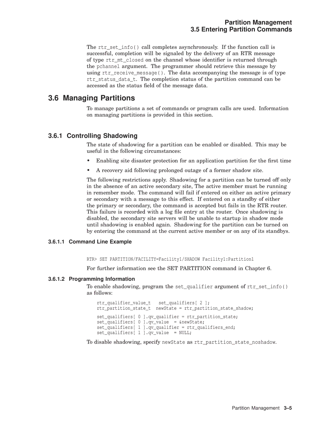 Compaq AA-Q88CE-TE manual Managing Partitions, Controlling Shadowing, Command Line Example, Programming Information 