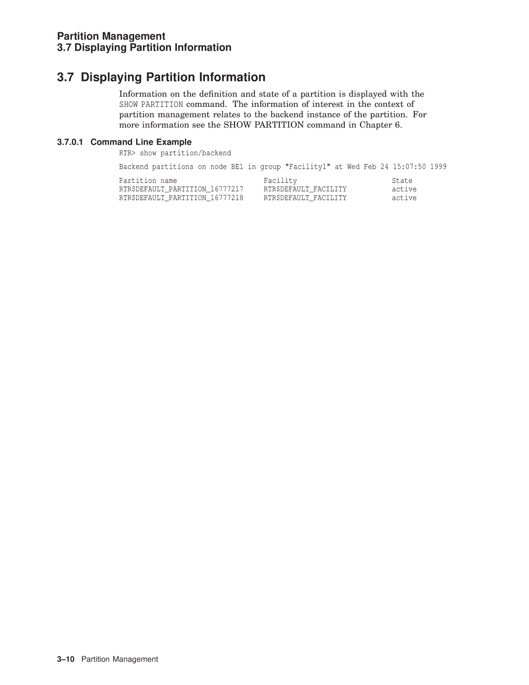 Compaq AA-Q88CE-TE manual Partition Management Displaying Partition Information, Rtr$Defaultfacility 