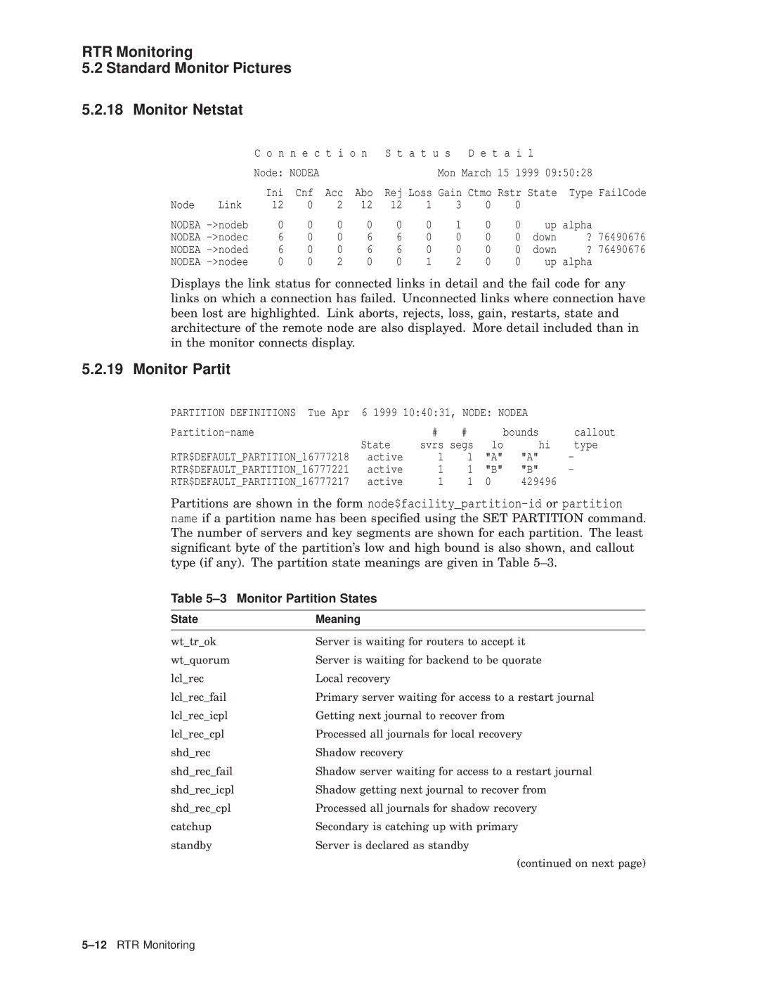 Compaq AA-Q88CE-TE manual RTR Monitoring Standard Monitor Pictures Monitor Netstat, Monitor Partition States 