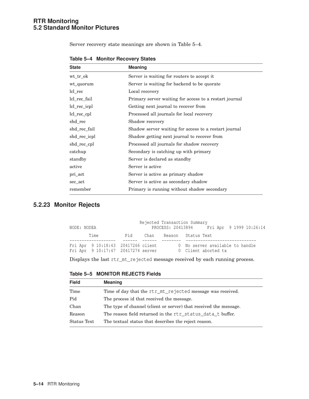 Compaq AA-Q88CE-TE manual Monitor Recovery States, Monitor Rejects Fields 