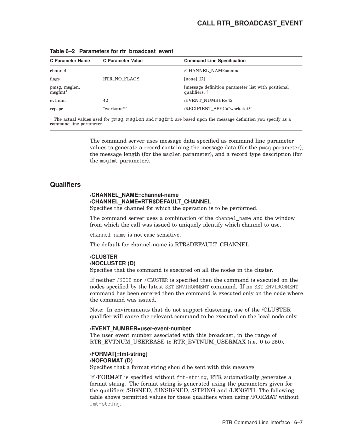 Compaq AA-Q88CE-TE manual Parameters for rtrbroadcastevent, CHANNELNAME=channel-name, EVENTNUMBER=user-event-number 