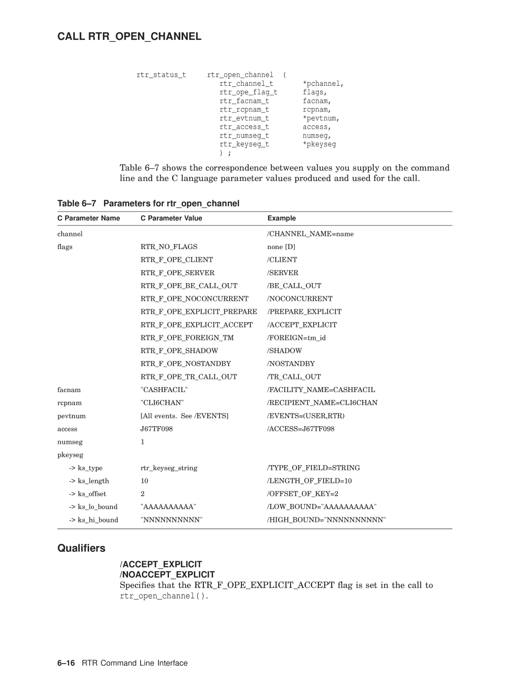 Compaq AA-Q88CE-TE manual Parameters for rtropenchannel, Parameter Name Parameter Value Example 