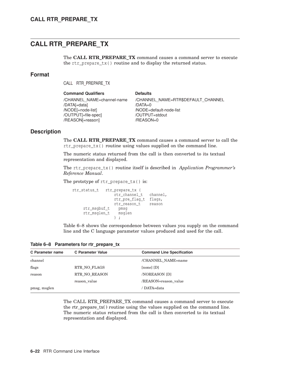 Compaq AA-Q88CE-TE manual Call Rtrpreparetx, Parameters for rtrpreparetx 