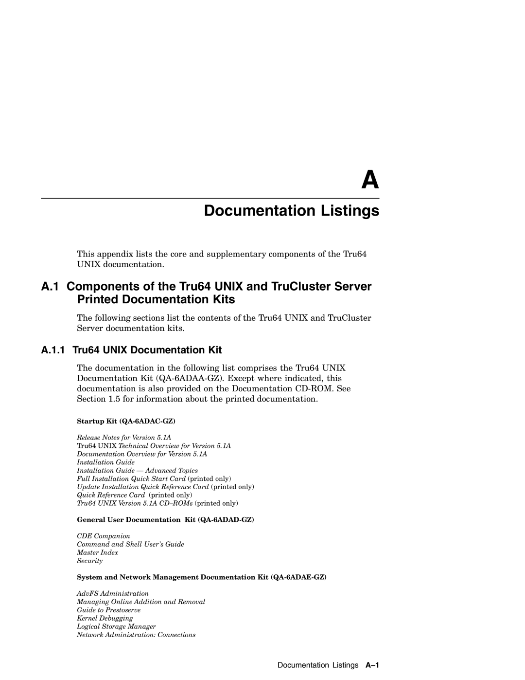 Compaq AA-RH8RD-TE manual Documentation Listings, 1 Tru64 Unix Documentation Kit 