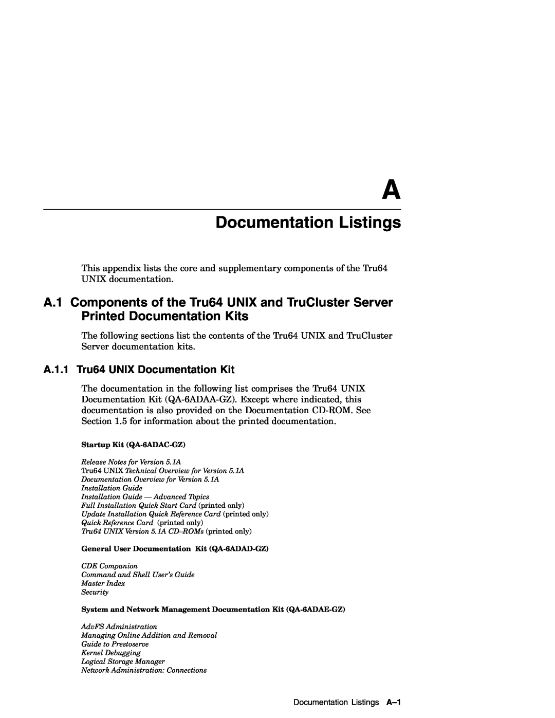 Compaq AA-RH8RD-TE manual Documentation Listings, A.1.1 Tru64 UNIX Documentation Kit 