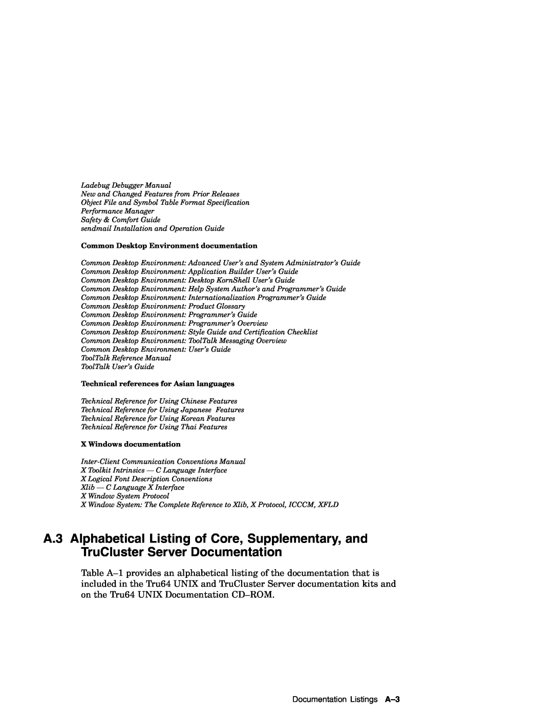 Compaq AA-RH8RD-TE manual Documentation Listings A-3, Common Desktop Environment documentation, X Windows documentation 