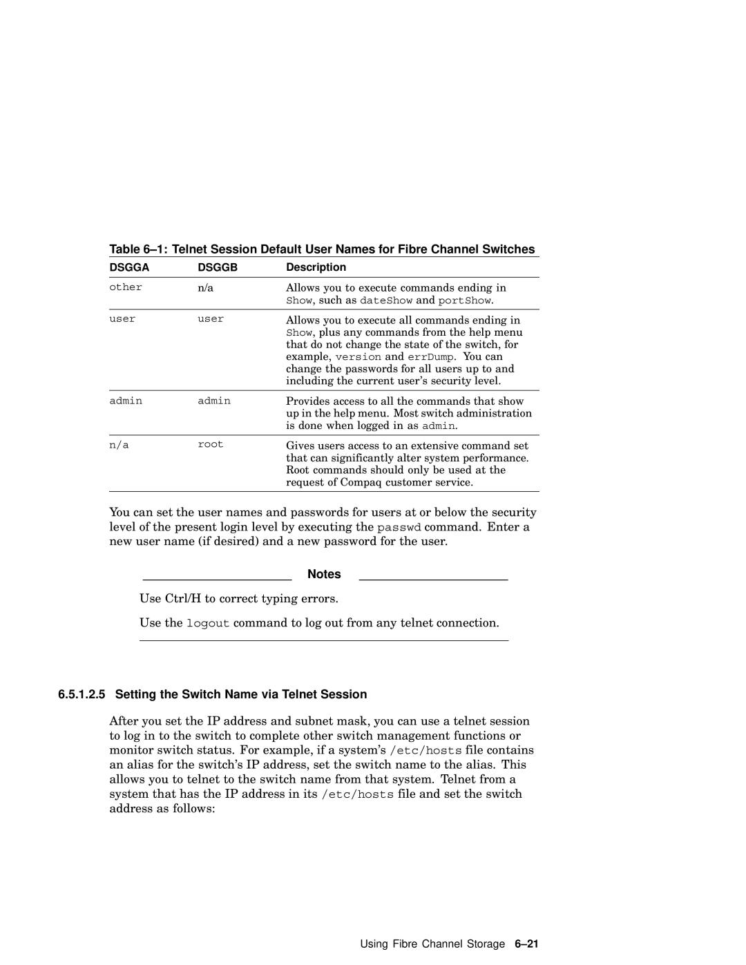 Compaq AA-RHGWB-TE manual Telnet Session Default User Names for Fibre Channel Switches 