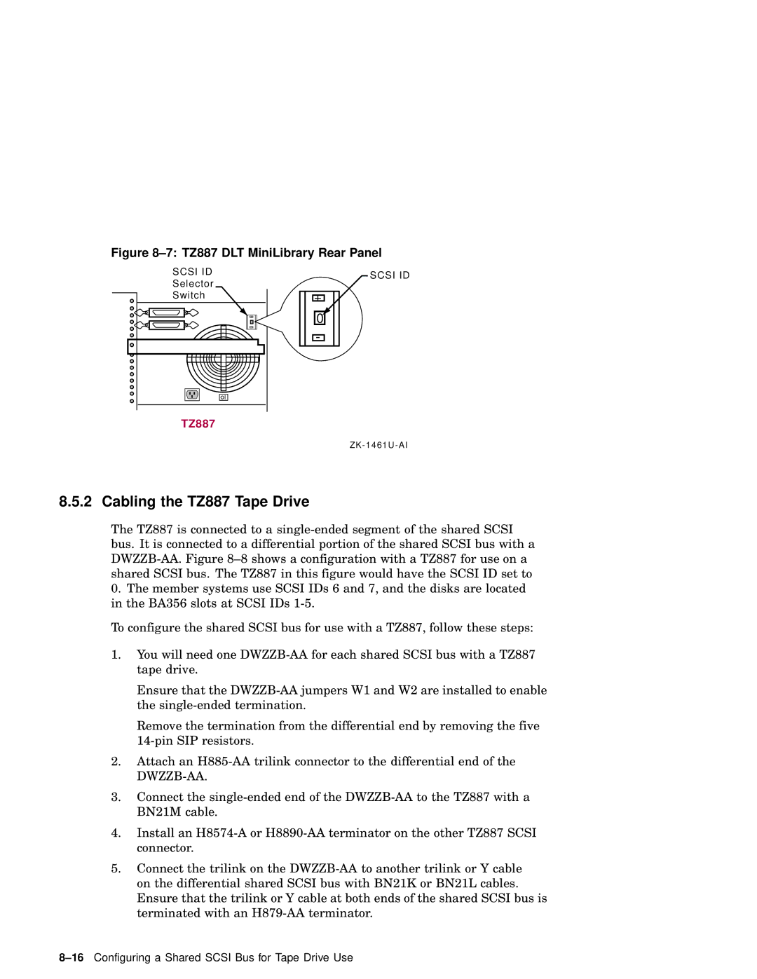 Compaq AA-RHGWB-TE manual Cabling the TZ887 Tape Drive, TZ887 DLT MiniLibrary Rear Panel 