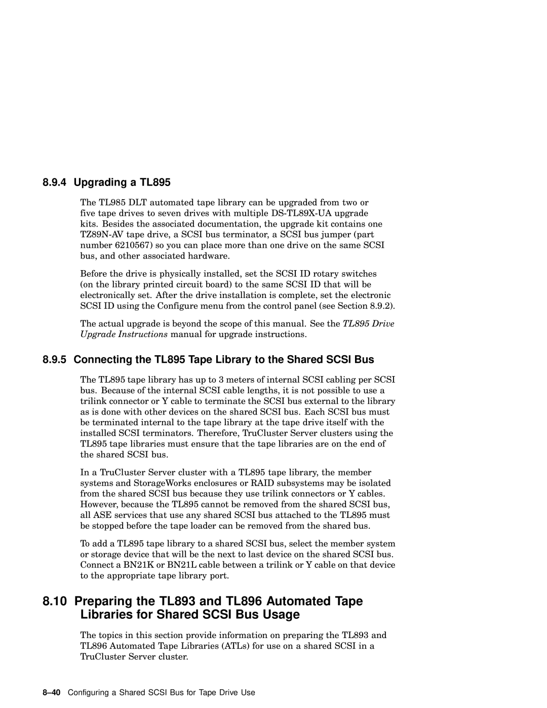 Compaq AA-RHGWB-TE manual Upgrading a TL895, Connecting the TL895 Tape Library to the Shared Scsi Bus 