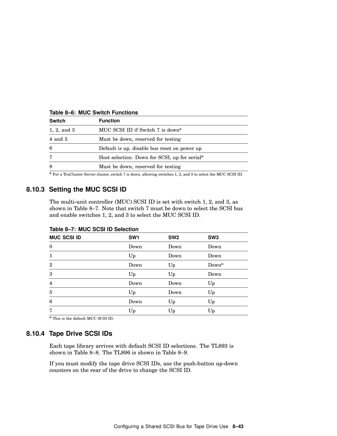 Compaq AA-RHGWB-TE manual Setting the MUC Scsi ID, Tape Drive Scsi IDs, MUC Switch Functions, MUC Scsi ID Selection 