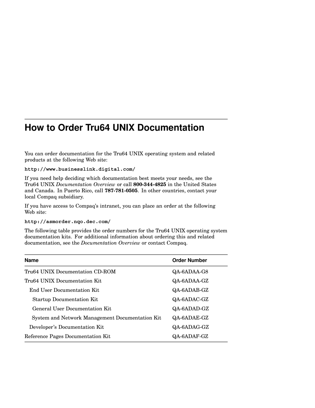 Compaq AA-RHGWB-TE manual How to Order Tru64 Unix Documentation, Name Order Number 