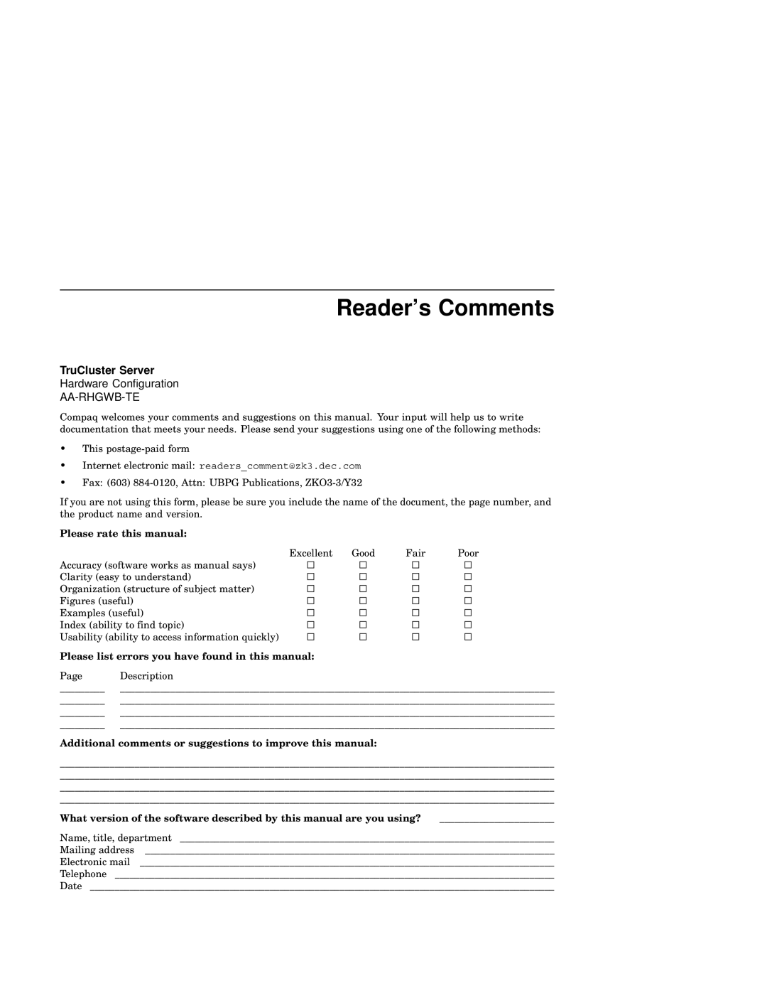 Compaq AA-RHGWB-TE manual Reader’s Comments, TruCluster Server 