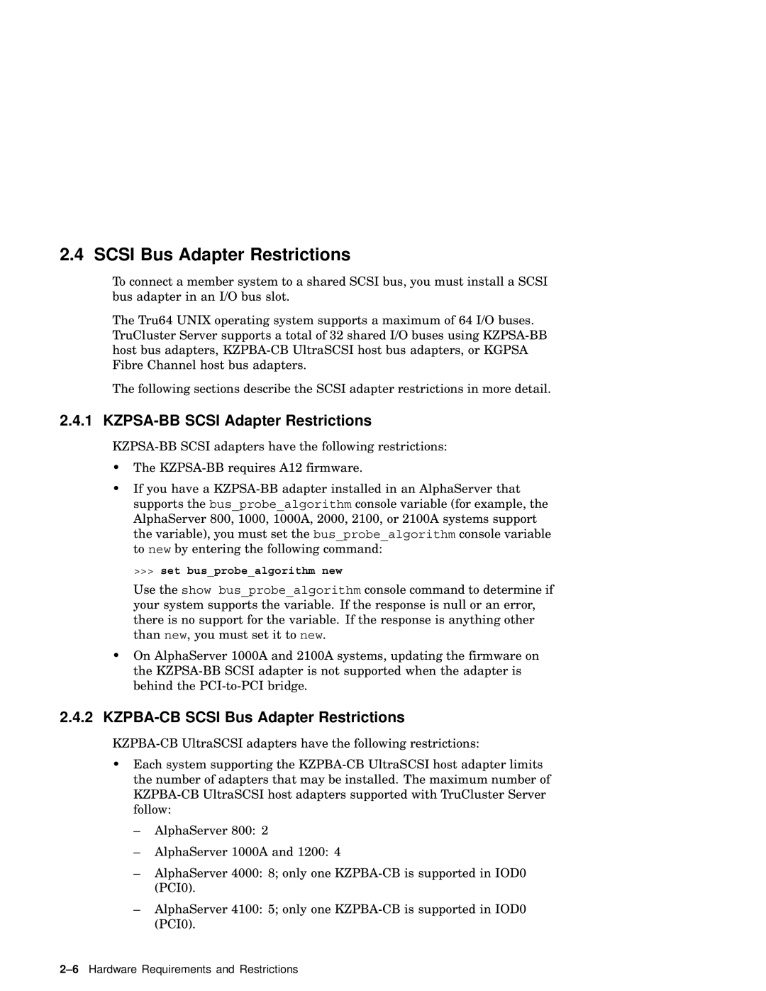 Compaq AA-RHGWB-TE manual Scsi Bus Adapter Restrictions, KZPSA-BB Scsi Adapter Restrictions 