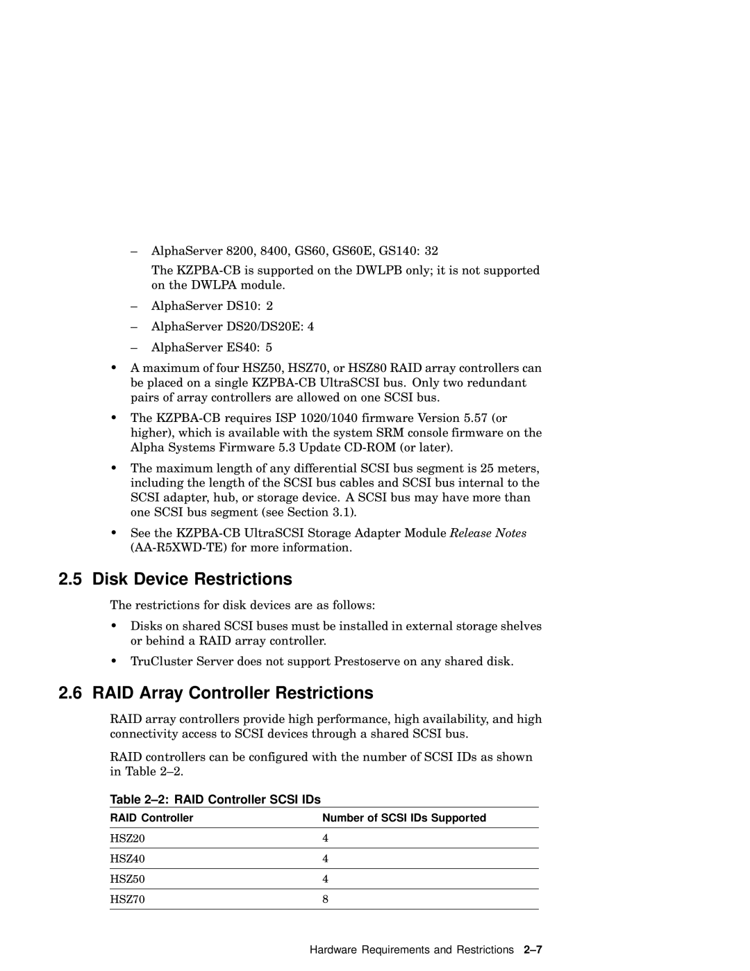 Compaq AA-RHGWB-TE manual Disk Device Restrictions, RAID Array Controller Restrictions, RAID Controller Scsi IDs 