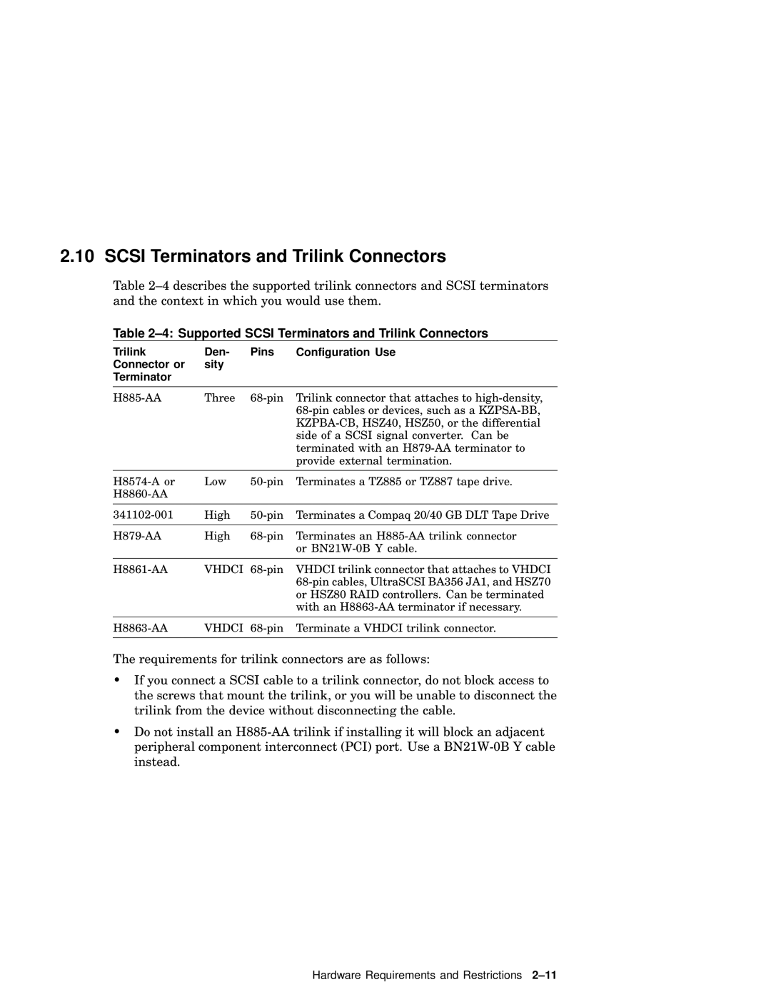 Compaq AA-RHGWB-TE manual Supported Scsi Terminators and Trilink Connectors 