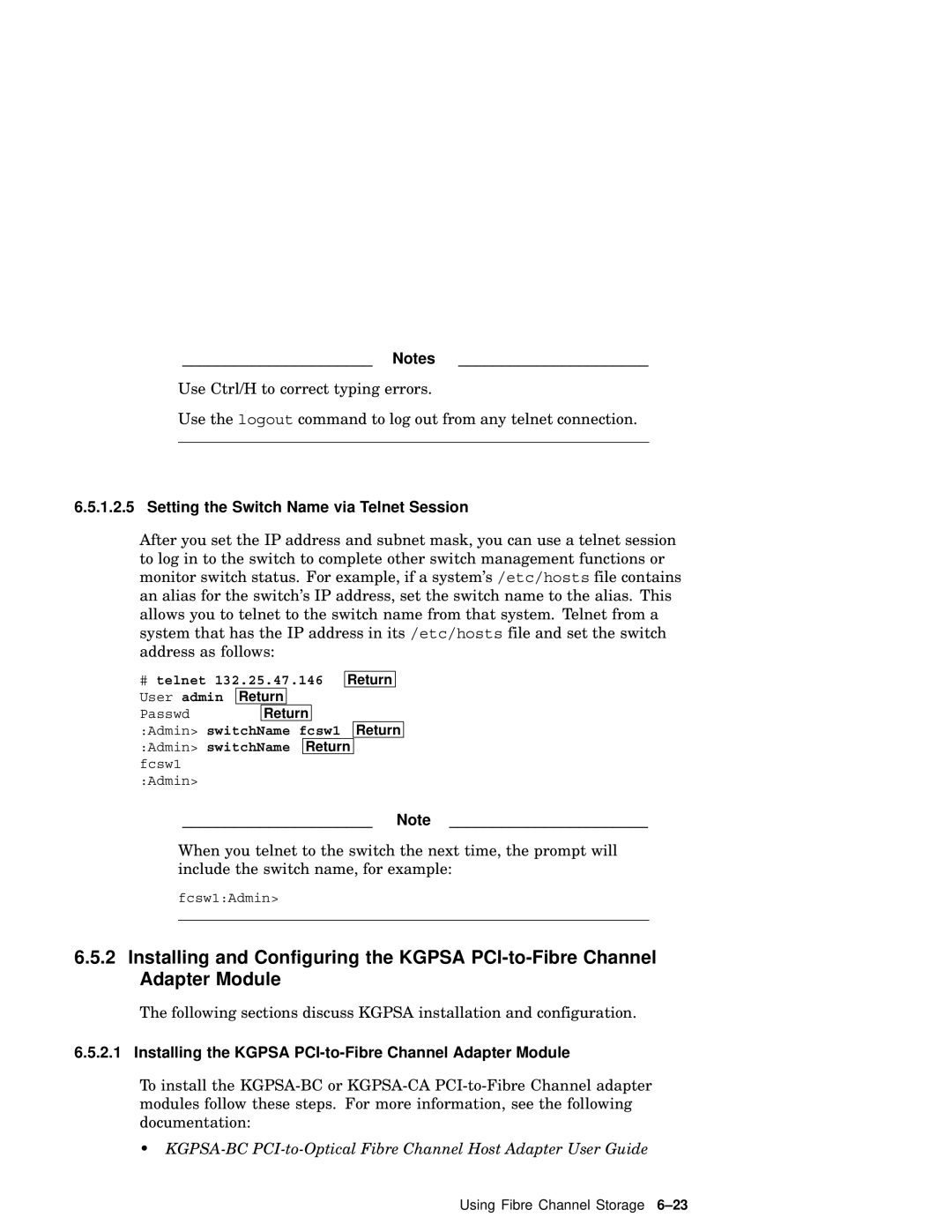 Compaq AA-RHGWC-TE Setting the Switch Name via Telnet Session, Installing the Kgpsa PCI-to-Fibre Channel Adapter Module 