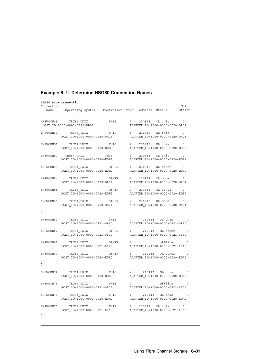 Compaq AA-RHGWC-TE manual Example 6-1 Determine HSG80 Connection Names, HSG80 show connection 