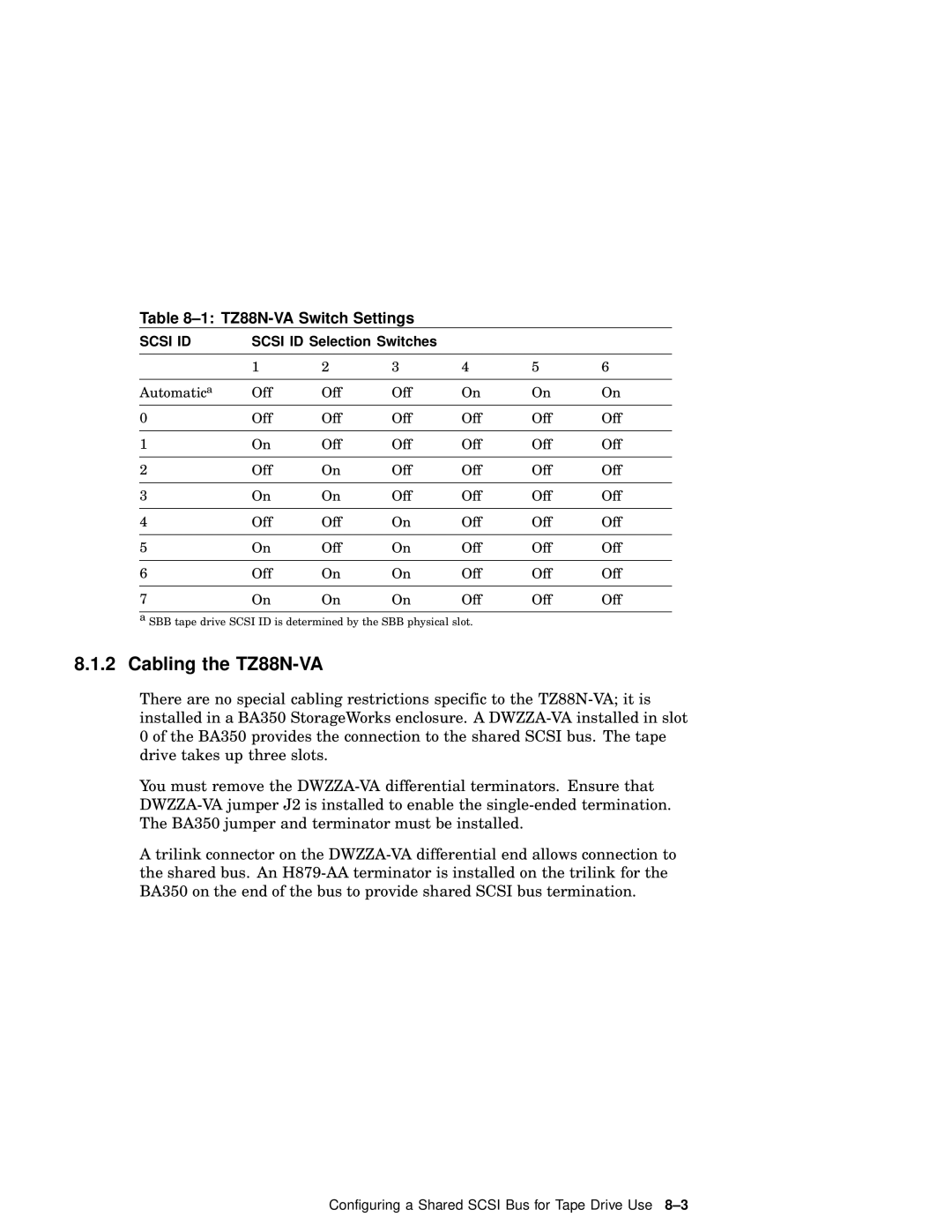 Compaq AA-RHGWC-TE manual Cabling the TZ88N-VA, TZ88N-VA Switch Settings 