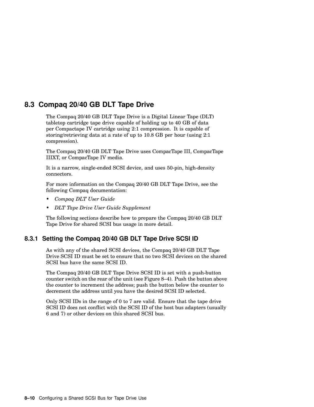 Compaq AA-RHGWC-TE manual Setting the Compaq 20/40 GB DLT Tape Drive Scsi ID 