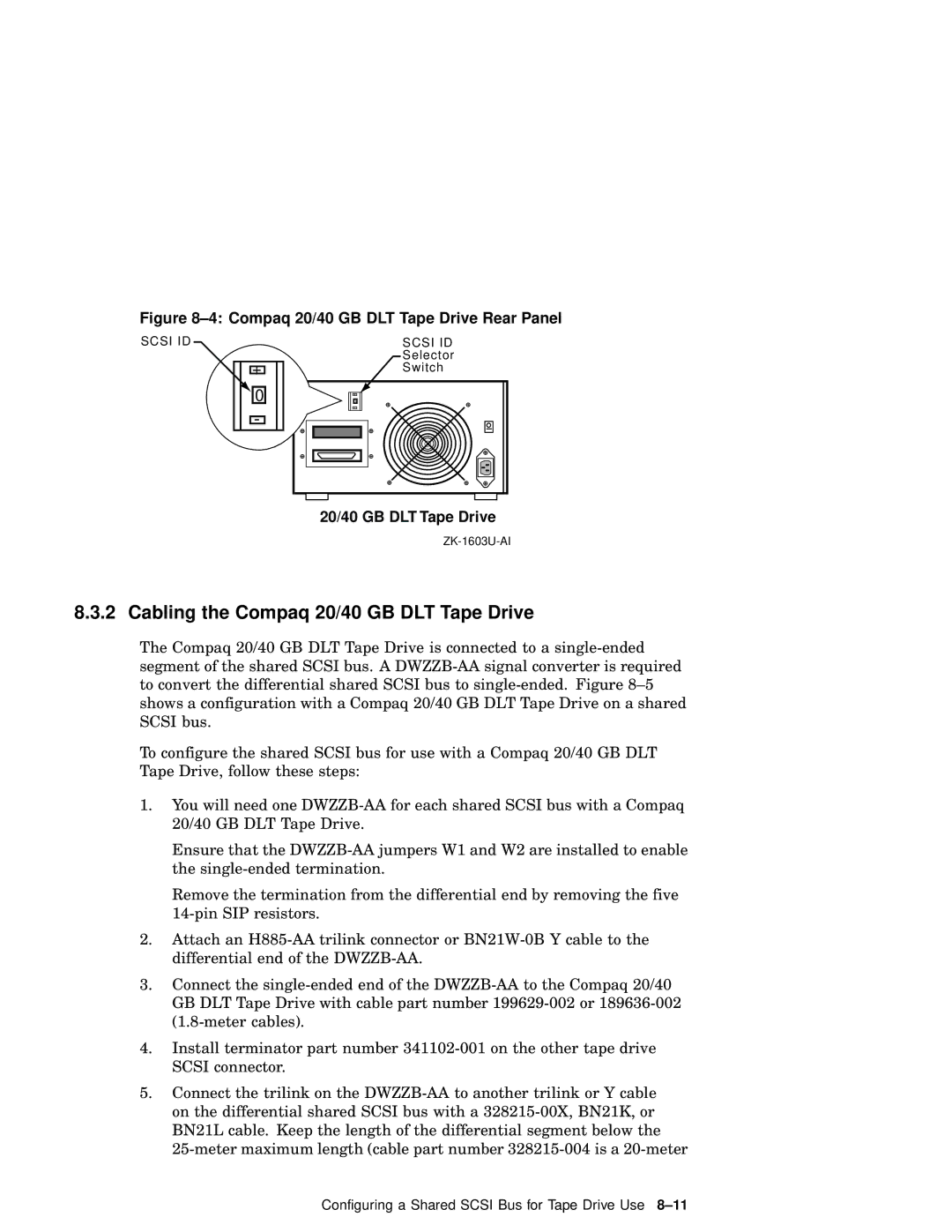 Compaq AA-RHGWC-TE manual Cabling the Compaq 20/40 GB DLT Tape Drive, Compaq 20/40 GB DLT Tape Drive Rear Panel 