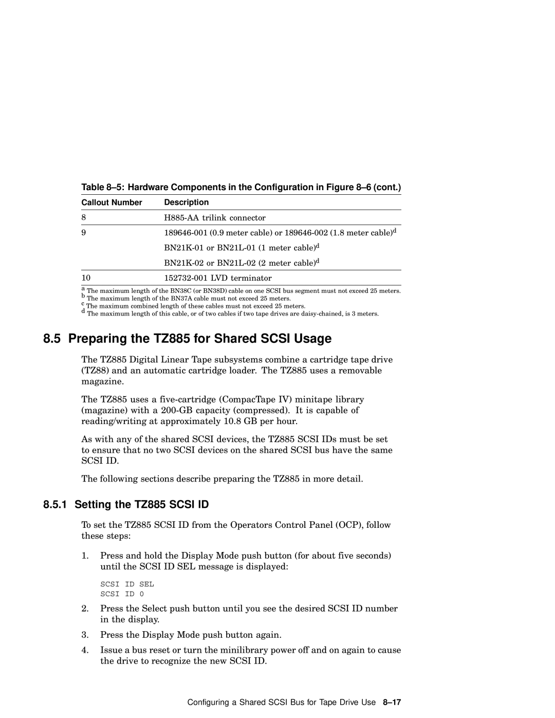 Compaq AA-RHGWC-TE manual Preparing the TZ885 for Shared Scsi Usage, Setting the TZ885 Scsi ID 