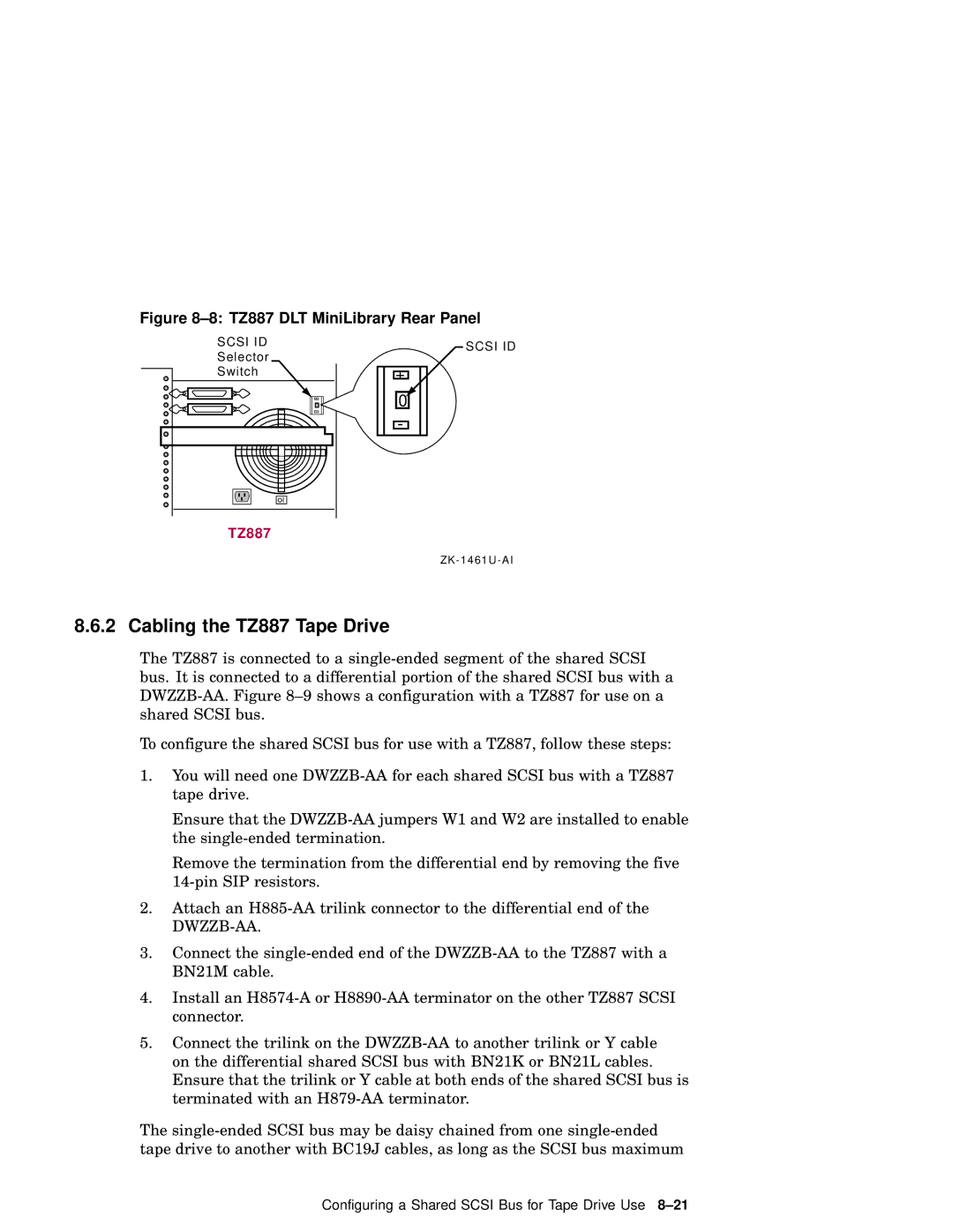 Compaq AA-RHGWC-TE manual Cabling the TZ887 Tape Drive, TZ887 DLT MiniLibrary Rear Panel 