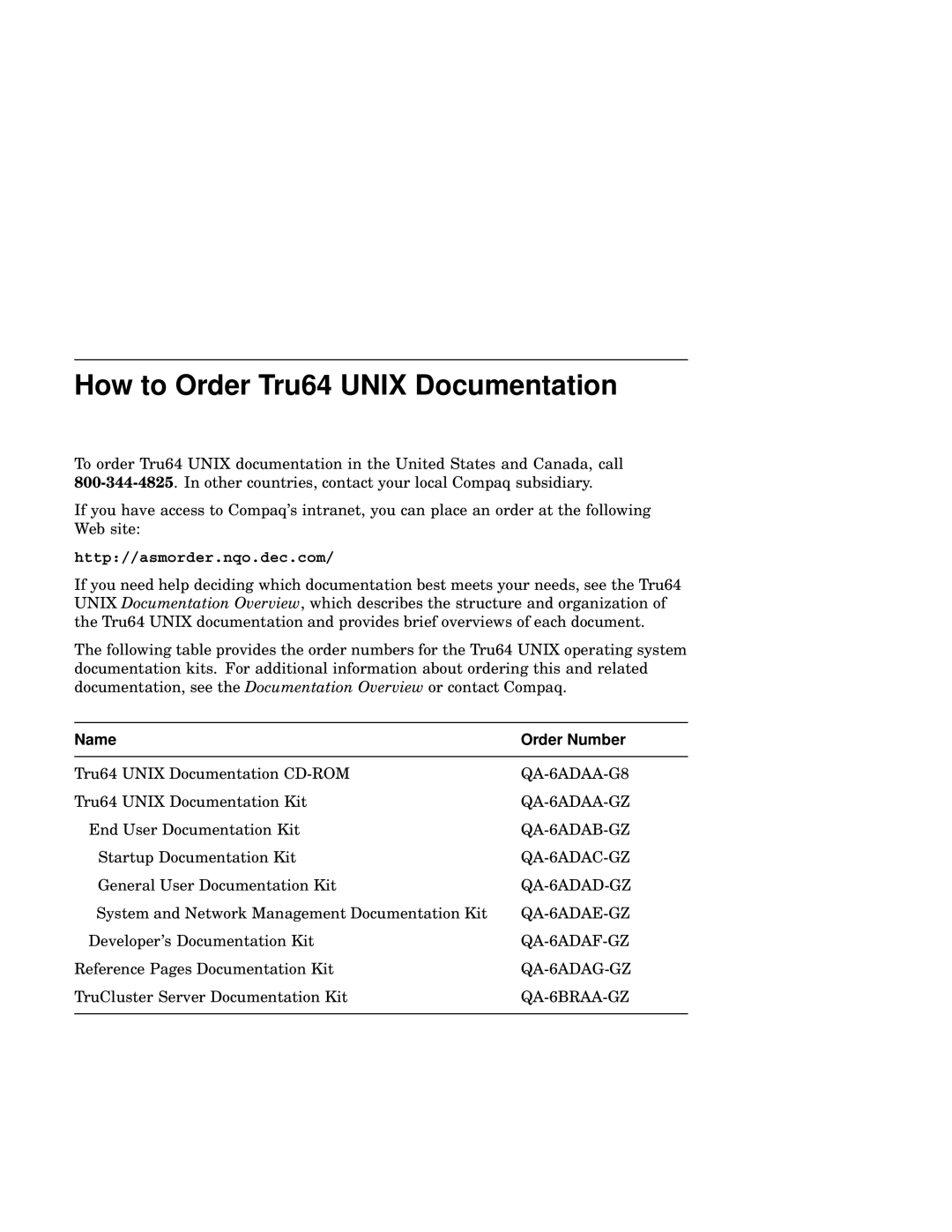 Compaq AA-RHGWC-TE manual How to Order Tru64 Unix Documentation, Name Order Number 