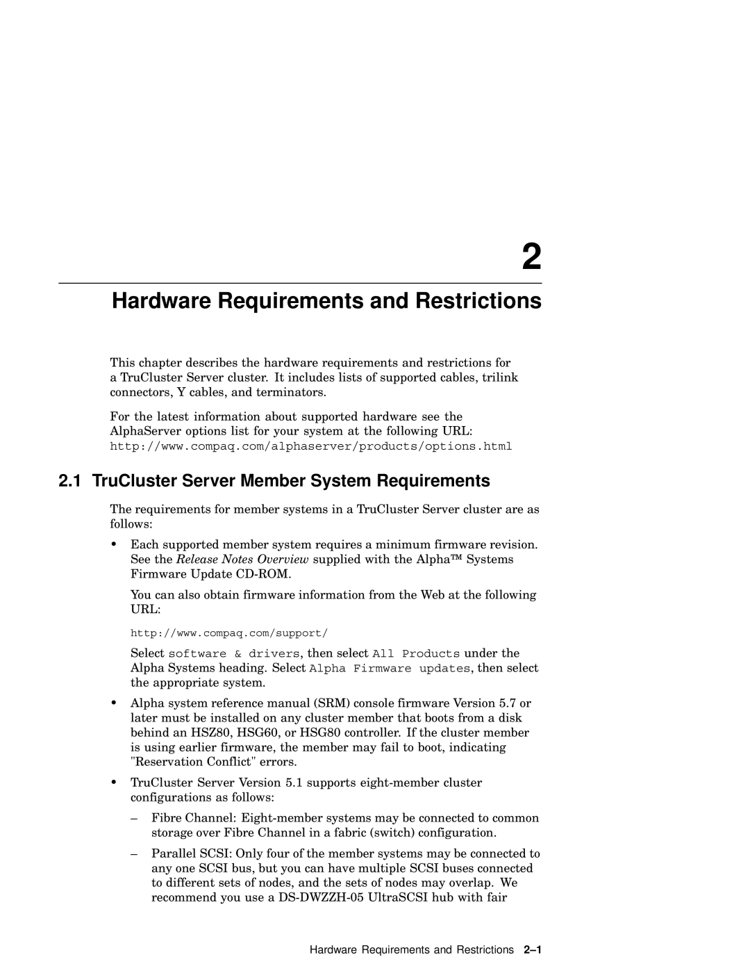 Compaq AA-RHGWC-TE manual Hardware Requirements and Restrictions, TruCluster Server Member System Requirements 