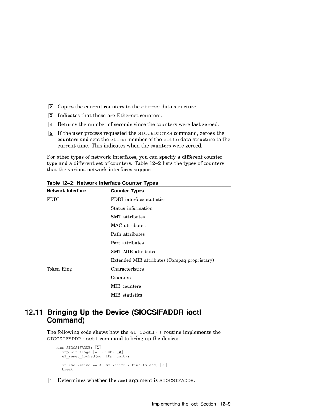 Compaq AA-RNG2A-TE manual Bringing Up the Device Siocsifaddr ioctl Command, Network Interface Counter Types 