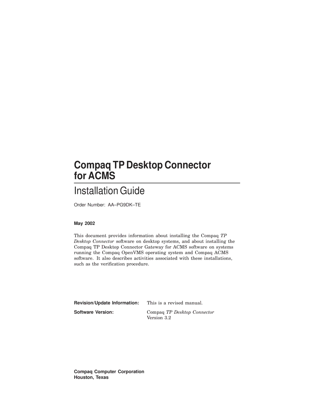 Compaq AAPG9DKTE manual Compaq TP Desktop Connector for Acms, May, Revision/Update Information, Software Version 