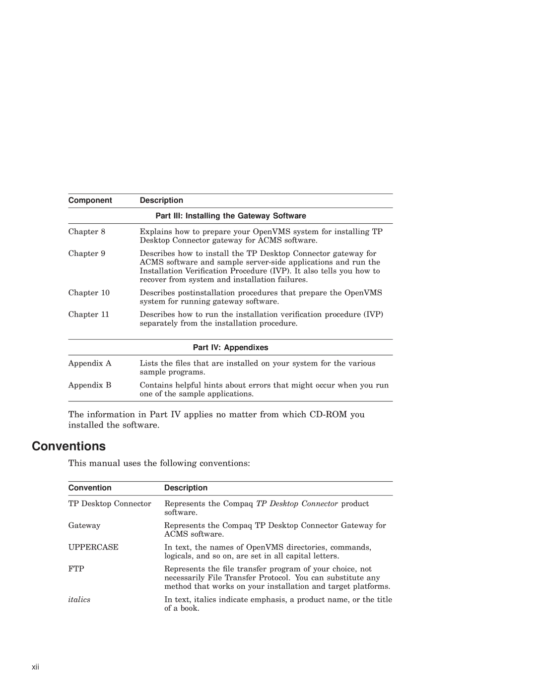 Compaq AAPG9DKTE manual Conventions, Part IV Appendixes, Convention Description 