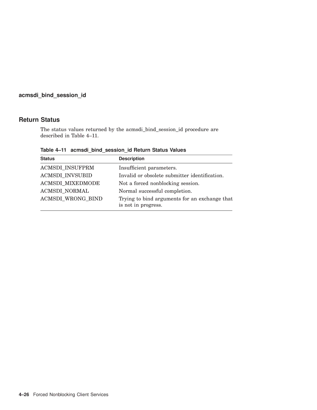 Compaq AAPVNFGTE manual acmsdibindsessionid Return Status Values 