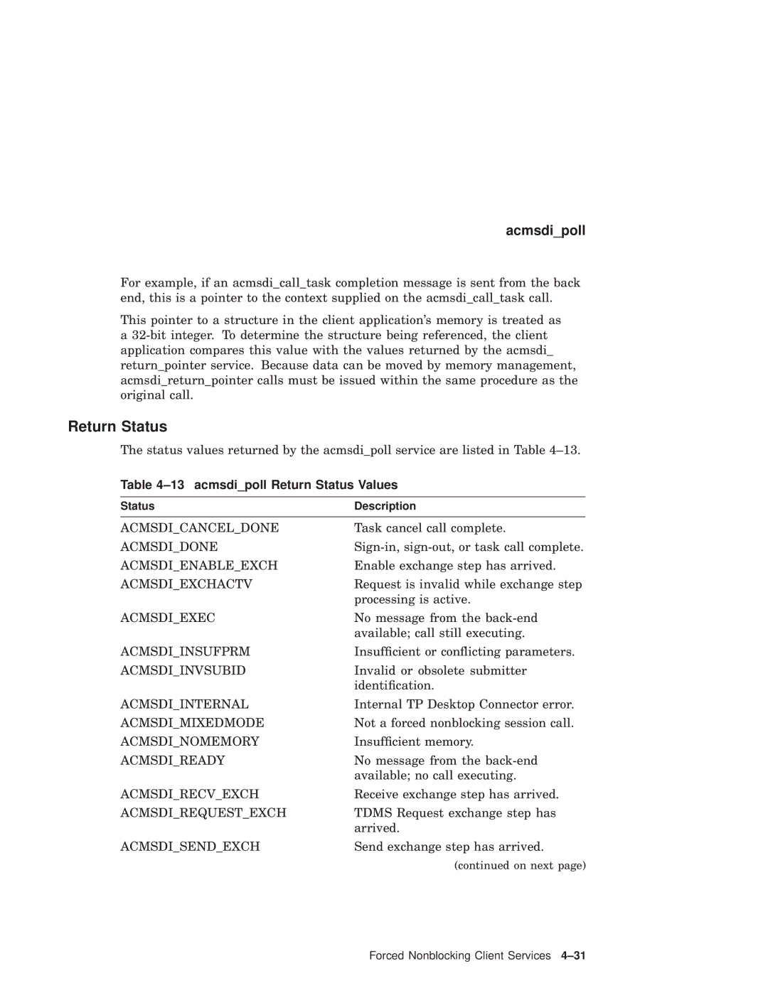 Compaq AAPVNFGTE manual acmsdipoll Return Status Values, Acmsdiinternal Acmsdimixedmode Acmsdinomemory Acmsdiready 