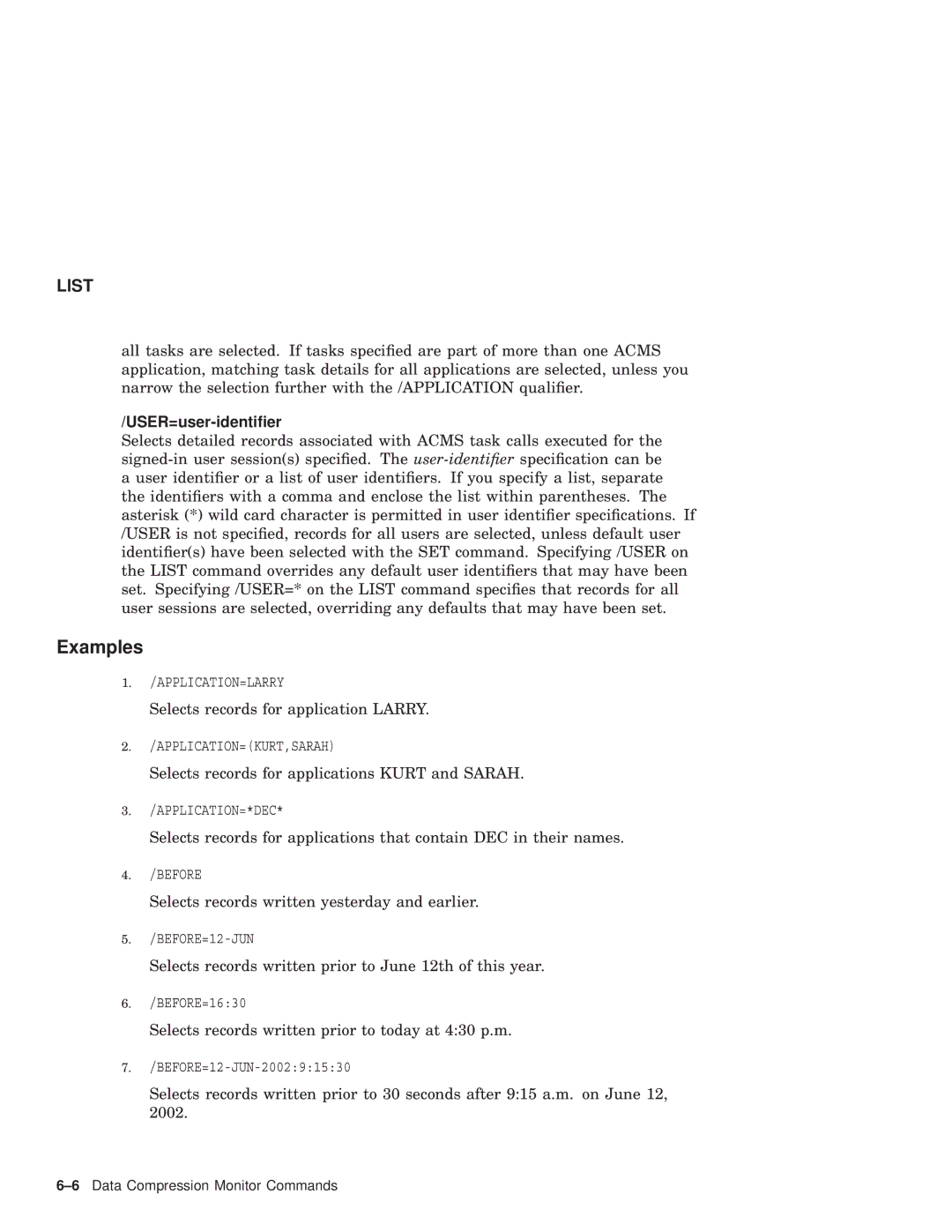 Compaq AAPVNFGTE manual Examples, USER=user-identiﬁer 