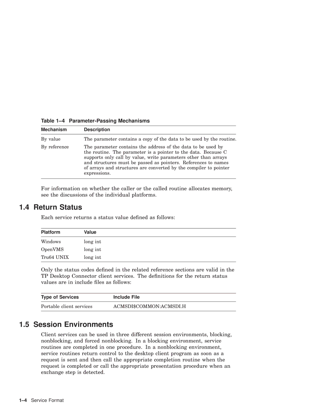 Compaq AAPVNFGTE manual Return Status, Session Environments, Parameter-Passing Mechanisms 