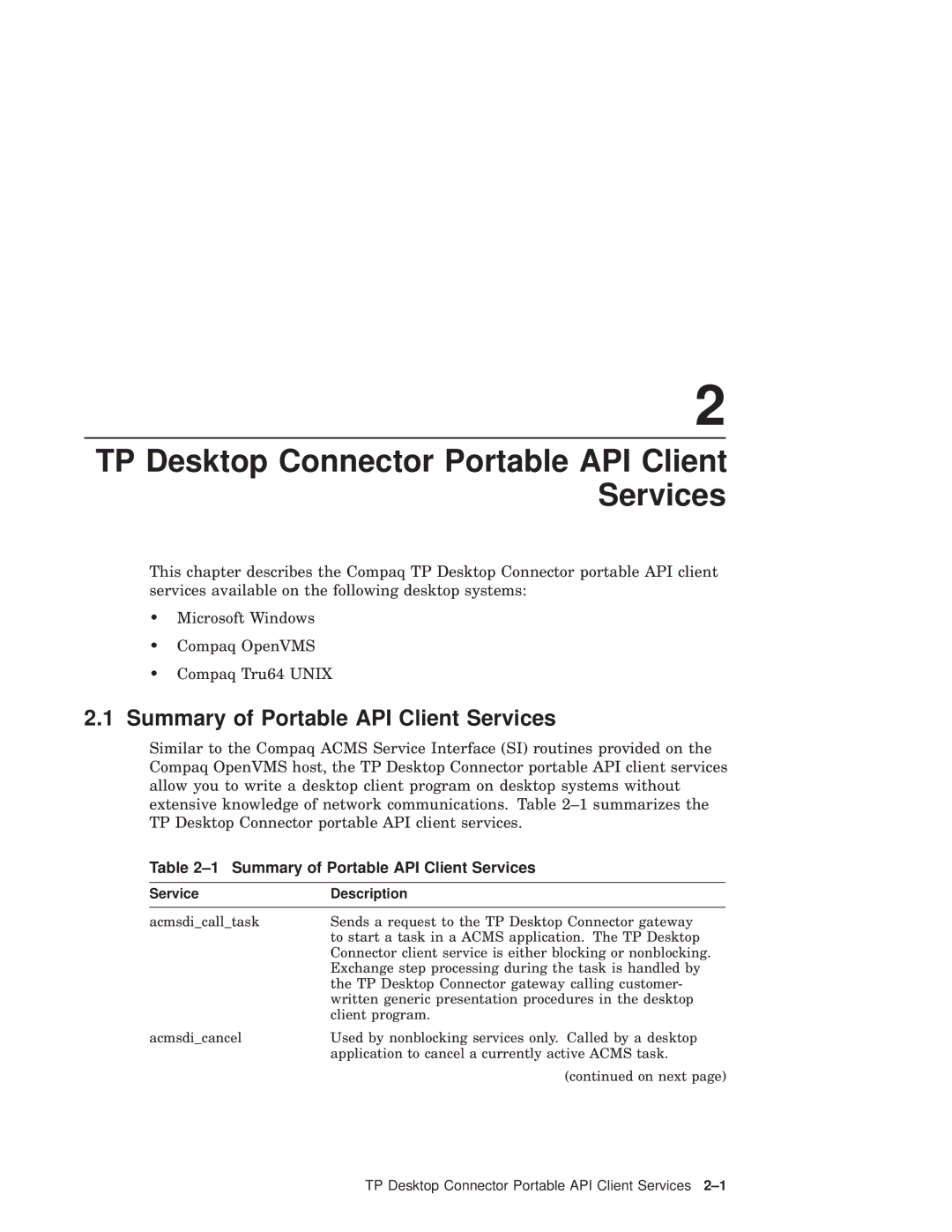 Compaq AAPVNFGTE manual Summary of Portable API Client Services, Service Description 