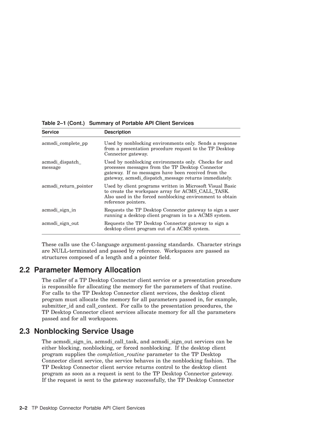 Compaq AAPVNFGTE Parameter Memory Allocation, Nonblocking Service Usage, Cont. Summary of Portable API Client Services 