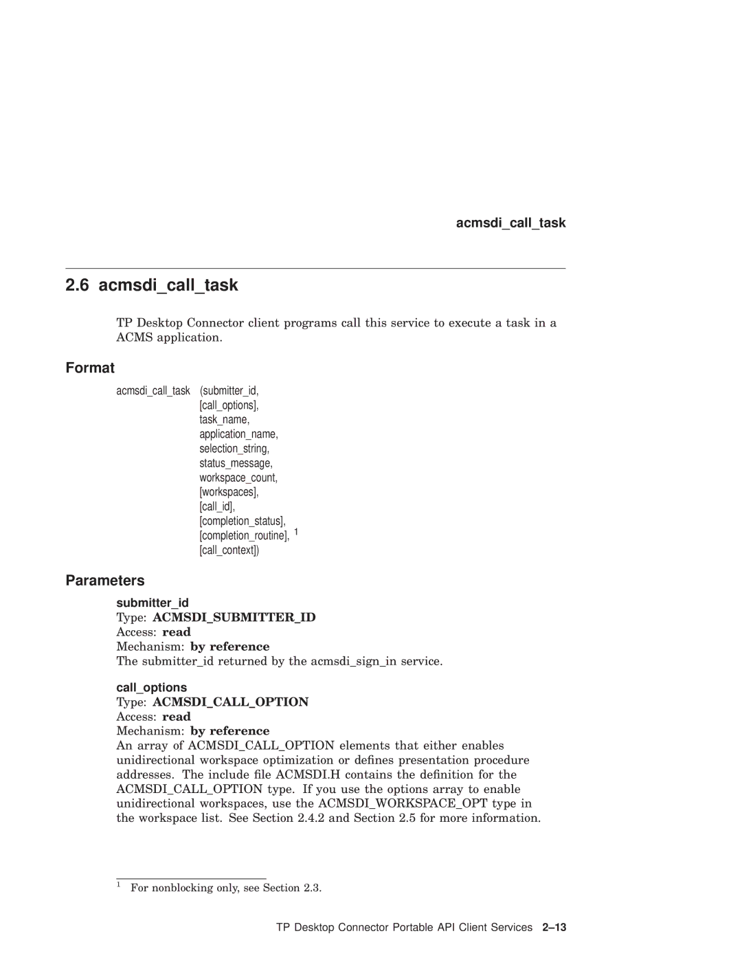 Compaq AAPVNFGTE manual Acmsdicalltask, Format, Parameters, Submitterid, Calloptions 