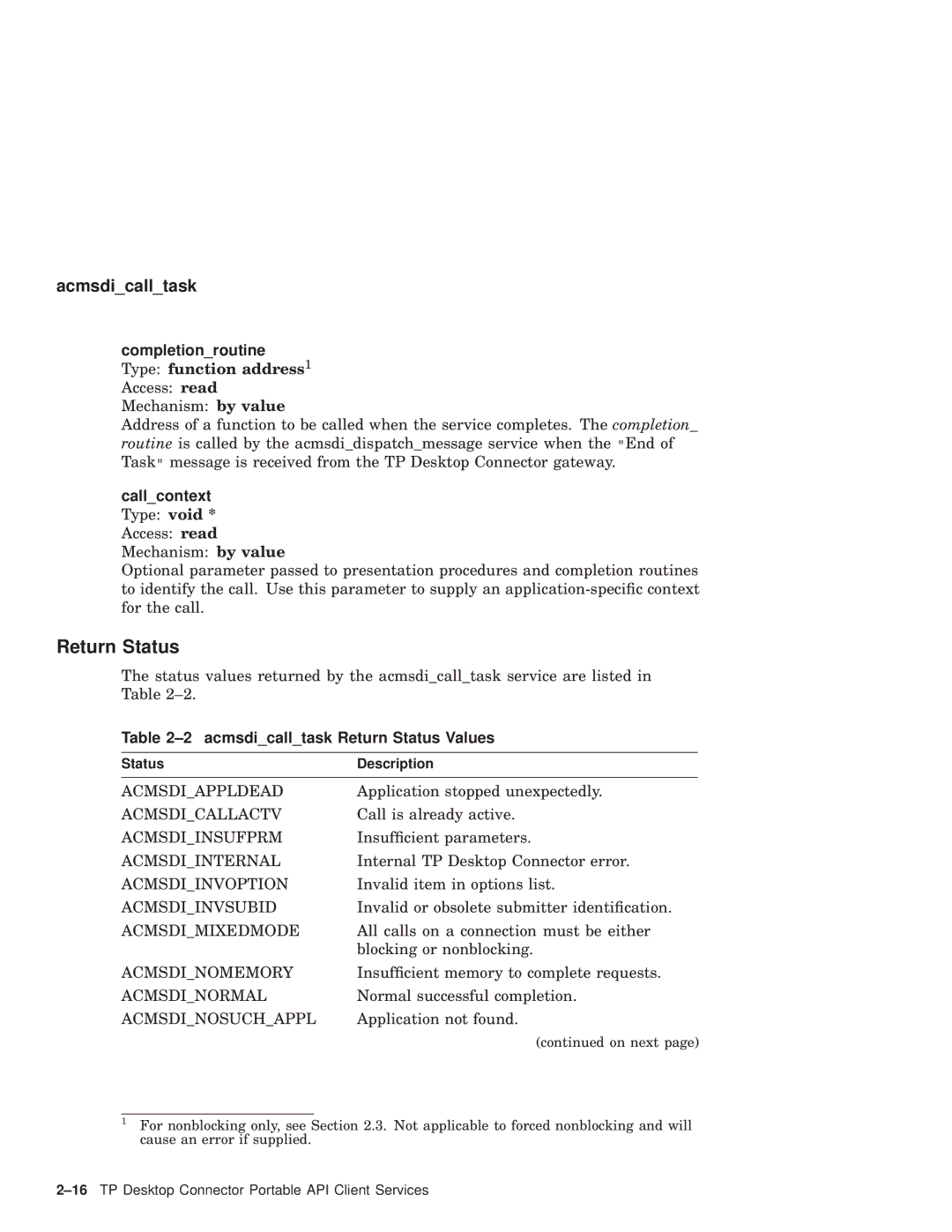 Compaq AAPVNFGTE manual Completionroutine, Acmsdicalltask Return Status Values 