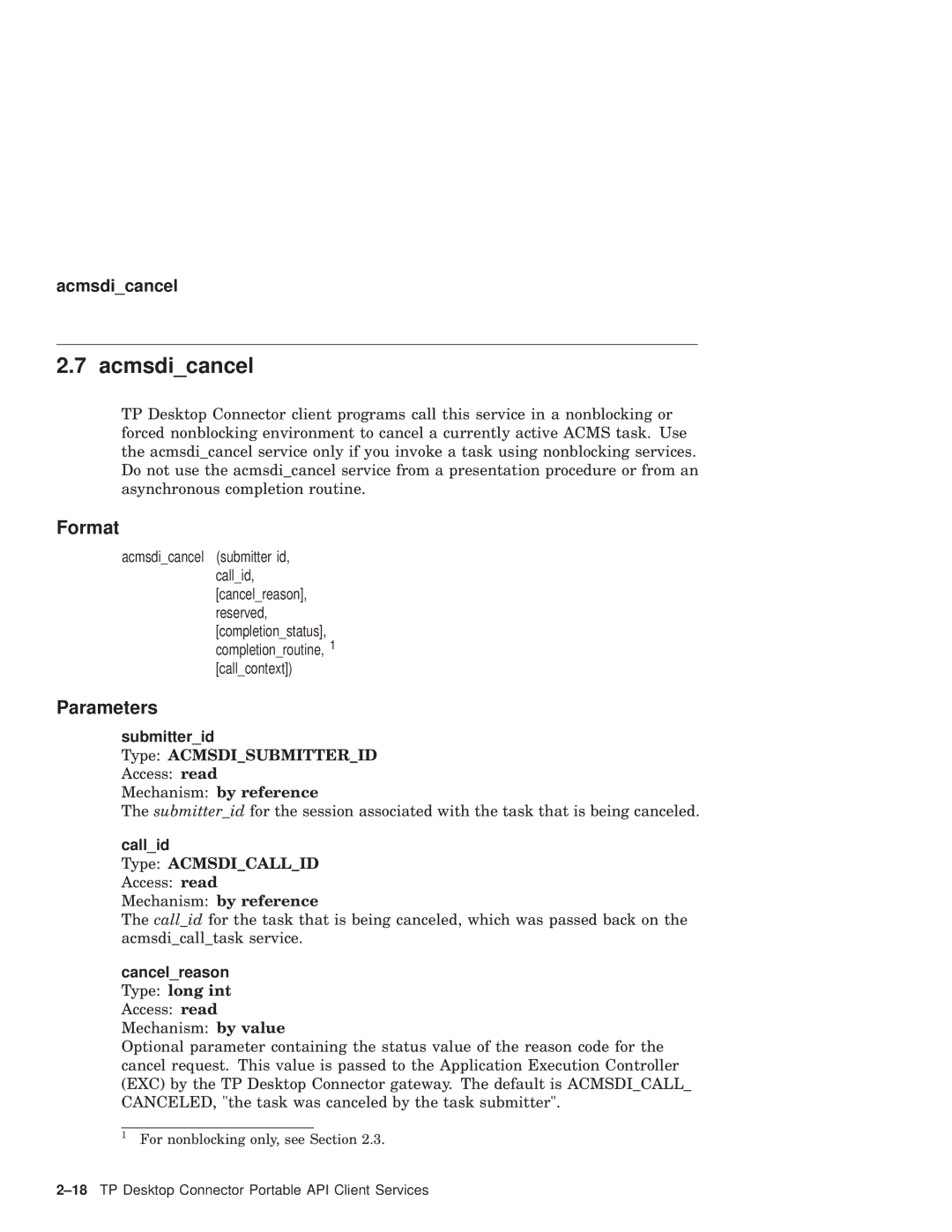 Compaq AAPVNFGTE manual Acmsdicancel, Cancelreason Type long int Access read Mechanism by value 