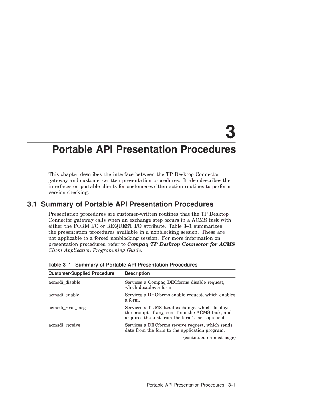 Compaq AAPVNFGTE manual Summary of Portable API Presentation Procedures, Customer-Supplied Procedure Description 