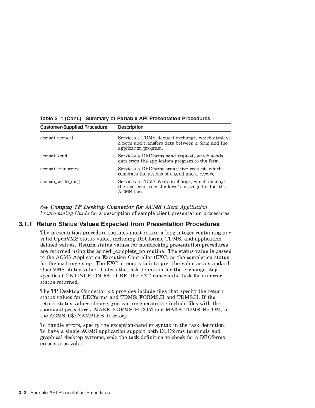 Compaq AAPVNFGTE manual Return Status Values Expected from Presentation Procedures 