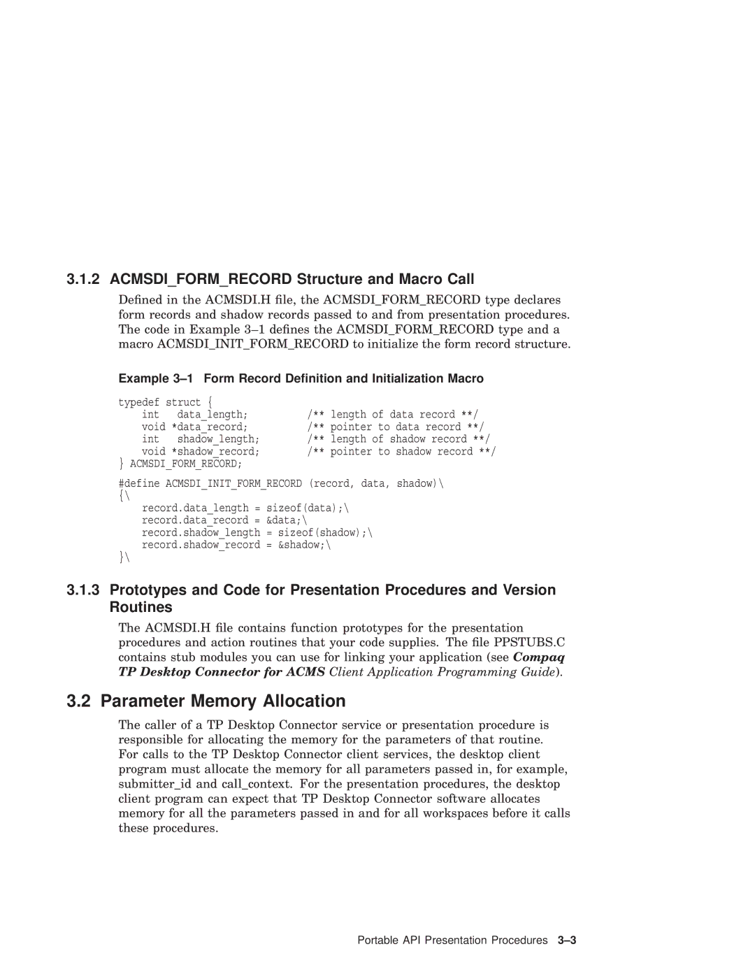 Compaq AAPVNFGTE Acmsdiformrecord Structure and Macro Call, Example 3-1 Form Record Deﬁnition and Initialization Macro 