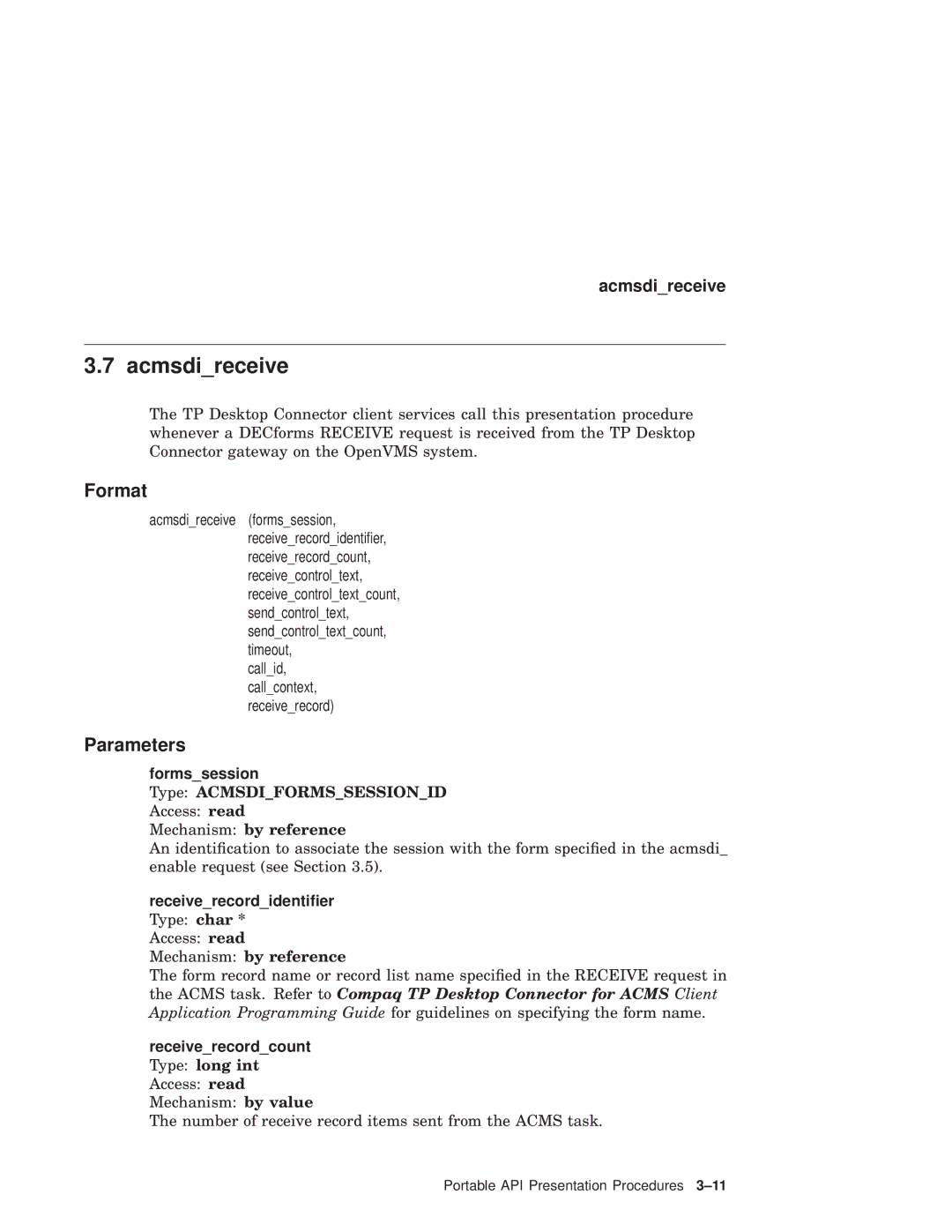 Compaq AAPVNFGTE manual Acmsdireceive, Receiverecordidentiﬁer Type char 