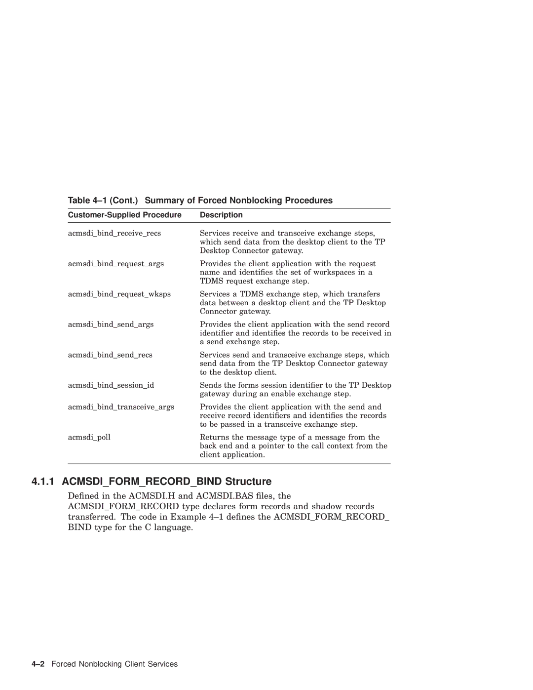 Compaq AAPVNFGTE manual Acmsdiformrecordbind Structure, Cont. Summary of Forced Nonblocking Procedures 