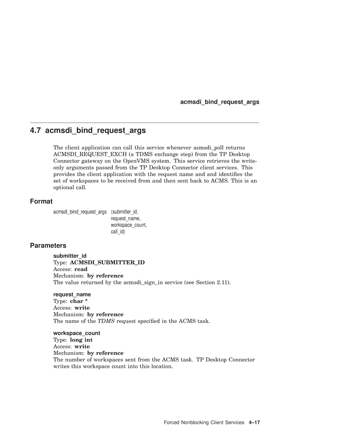 Compaq AAPVNFGTE manual Acmsdibindrequestargs, Requestname Type char * Access write Mechanism by reference 