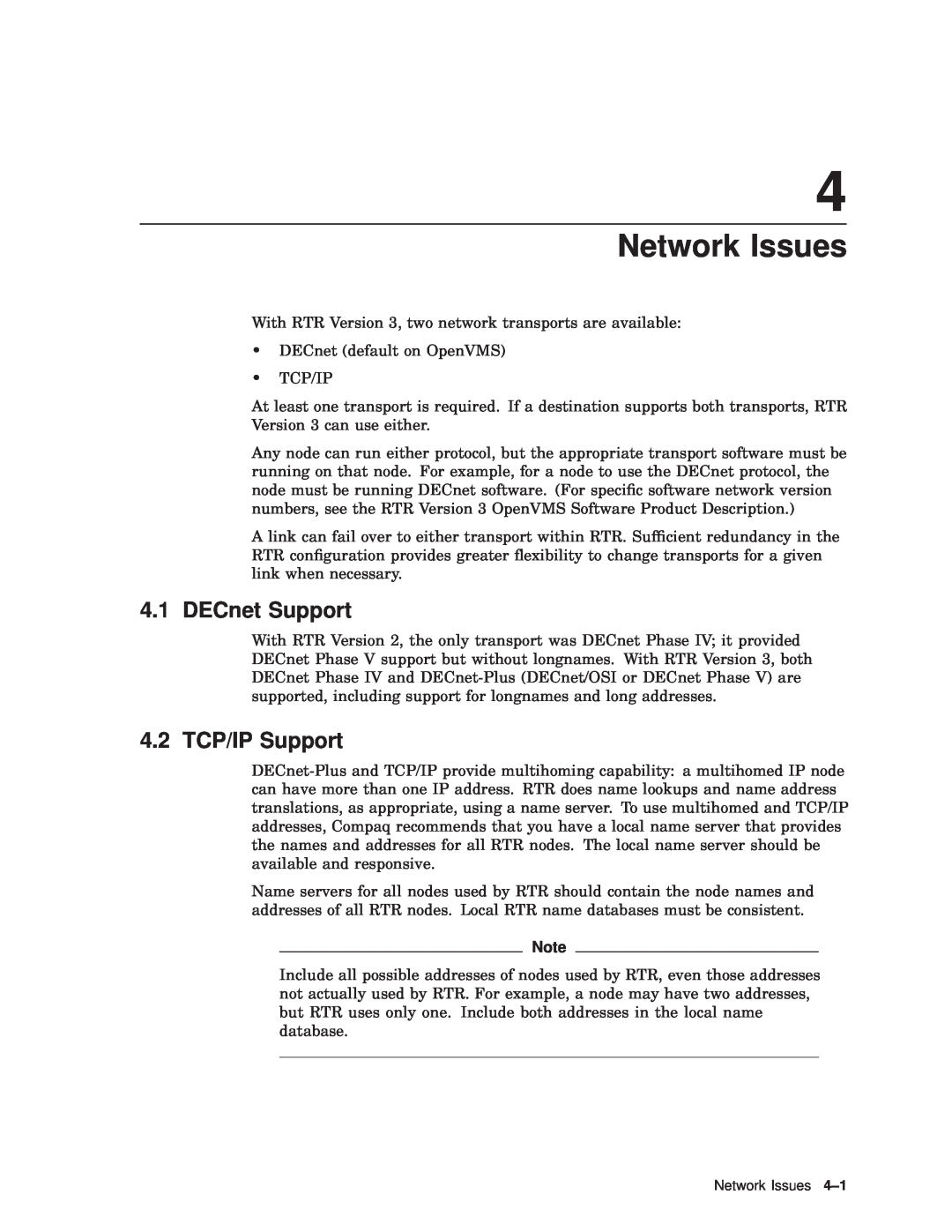 Compaq AAR-88LB-TE manual Network Issues, DECnet Support, 4.2 TCP/IP Support 