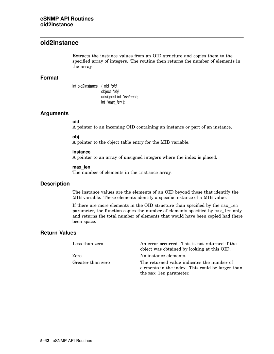 Compaq AAR04BCTE manual Oid2instance, ESNMP API Routines oid2instance, Maxlen 