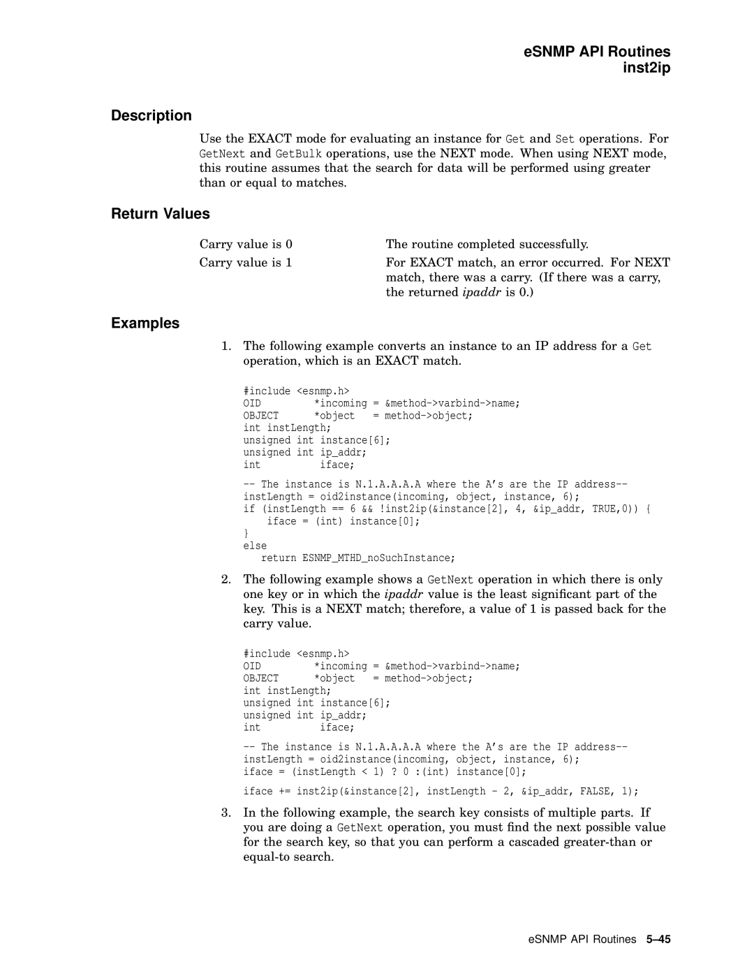 Compaq AAR04BCTE manual ESNMP API Routines inst2ip Description, Examples 