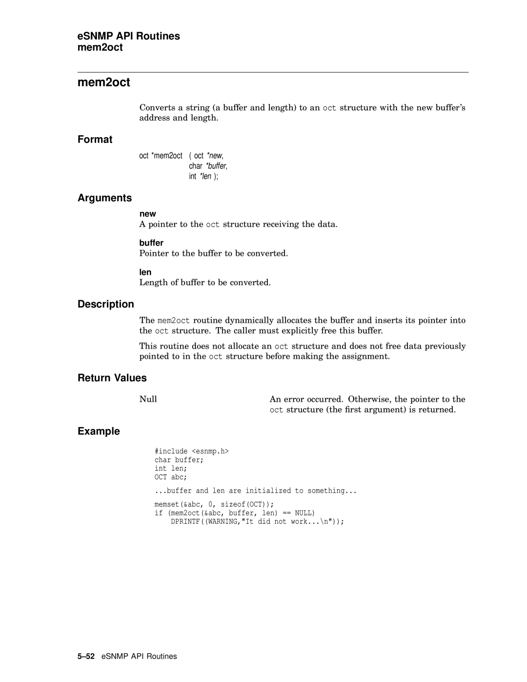 Compaq AAR04BCTE manual Mem2oct, ESNMP API Routines mem2oct, Buffer 